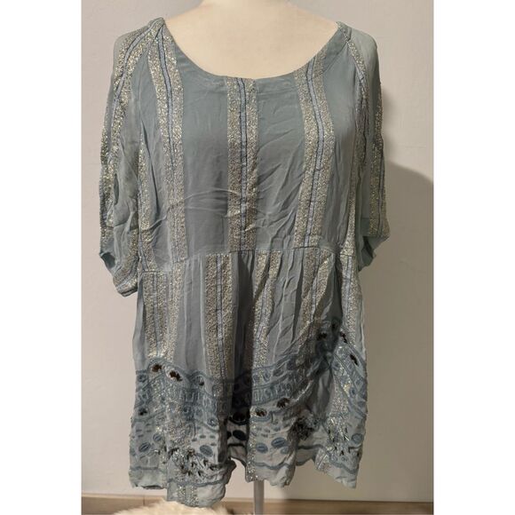 Raga Anthropologie embroidered Embellished beaded boho baby doll top L - Picture 2 of 9